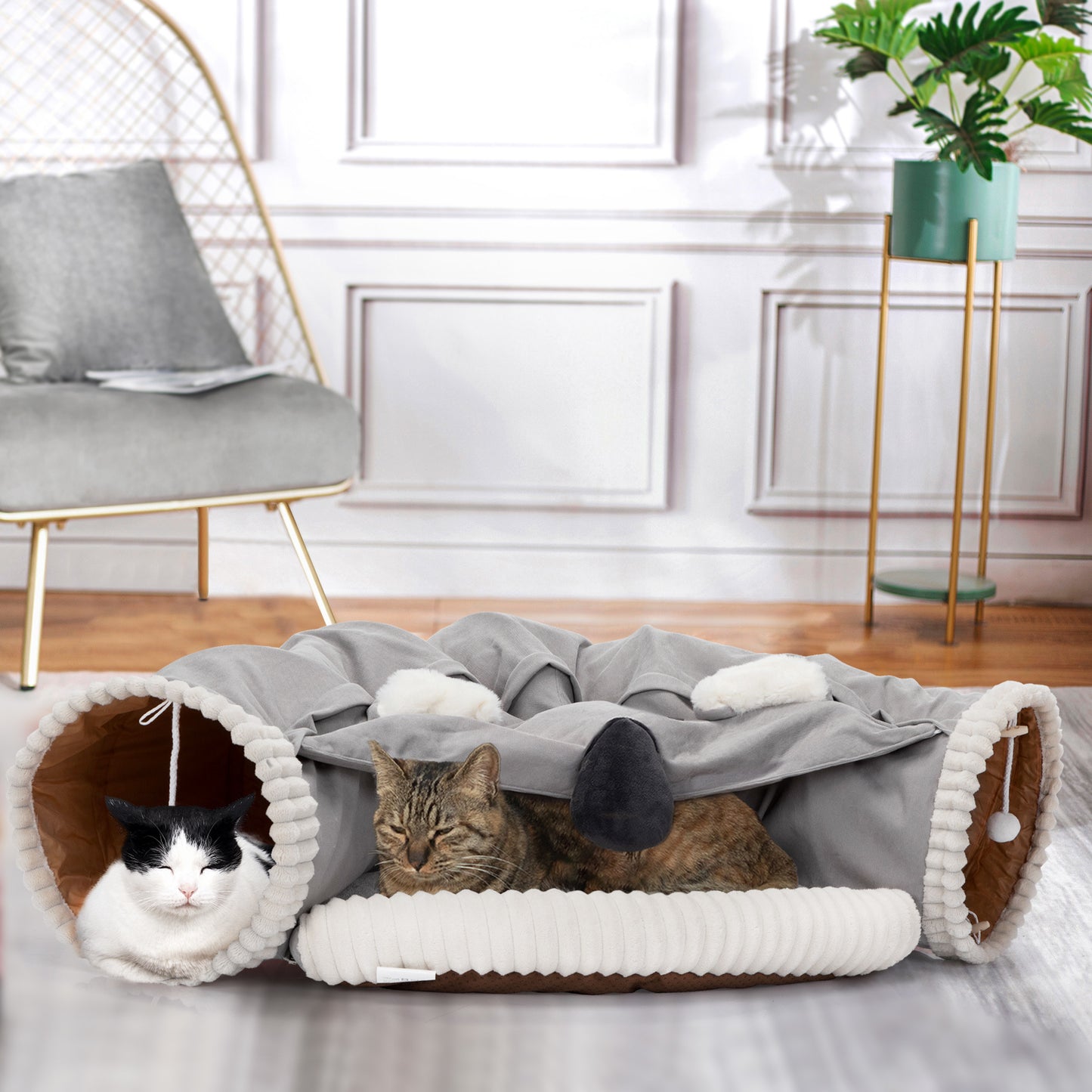 Collapsible Cat Tunnel Bed;  Hide Tunnel for Indoor Cats with Hanging Toys and Cushion Mat;  XH