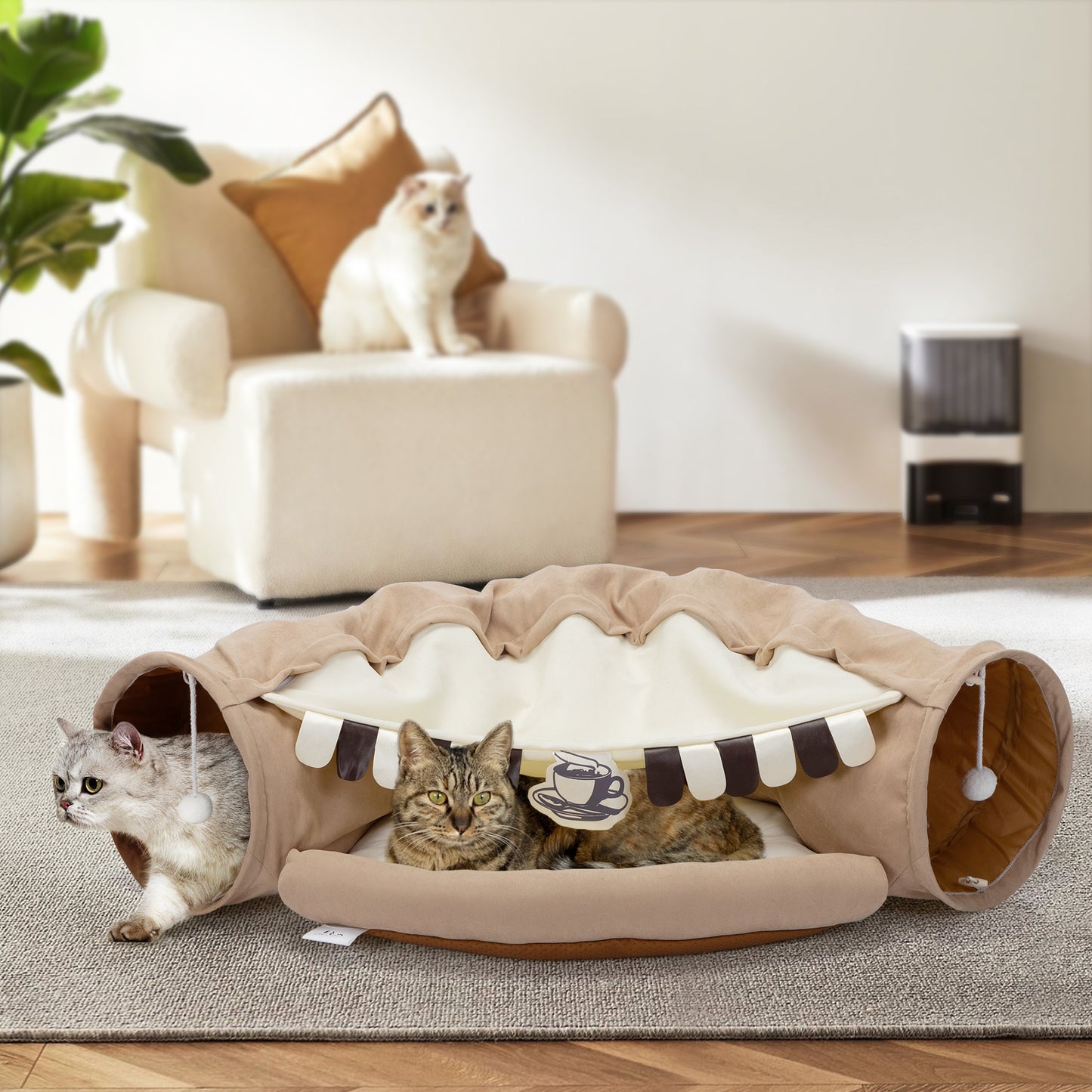 Collapsible Cat Tunnel Bed;  Hide Tunnel for Indoor Cats with Hanging Toys and Cushion Mat;  XH