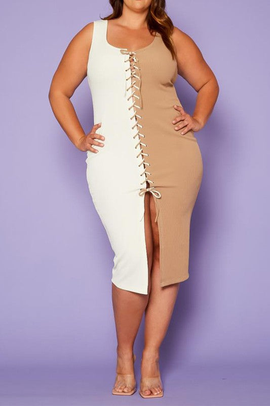 Plus Size Ribbed Two Tone Lace Up Midi Dress