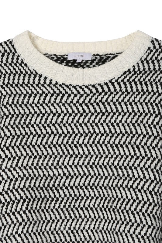 Herringbone pattern crew neck sweater