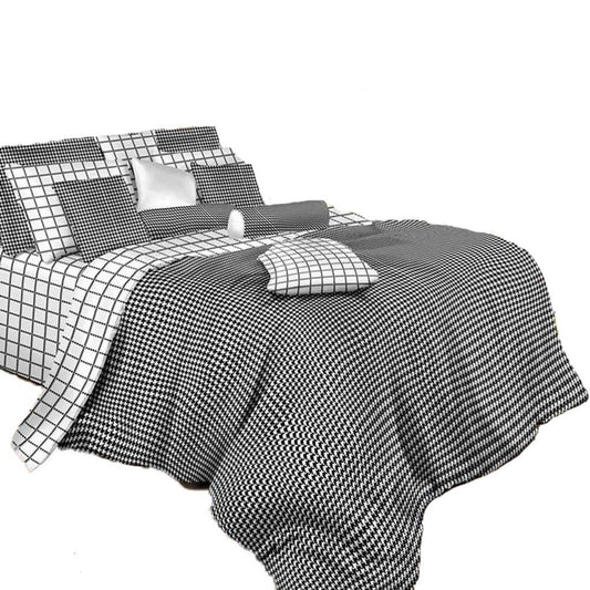6pc Luxury Combed Cotton Duvet Cover Sheet Set, Black & White Check - 300TC - Dolce Mela