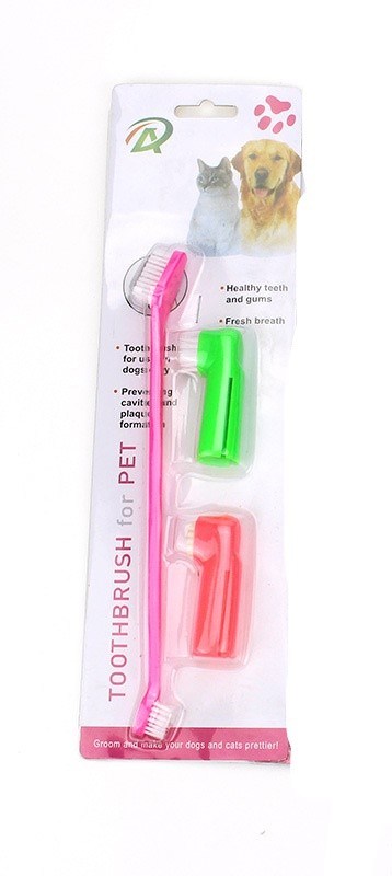 Two Headed Dog Toothbrush Set Canine Dental Hygiene Brush with 2 Finger Brushes Soft Bristles