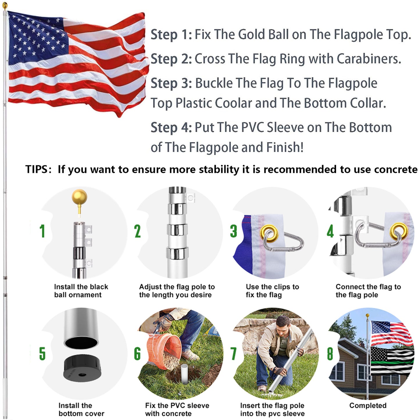 25 ft. Telescopic Aluminum Flagpole with U.S. Flag Ball