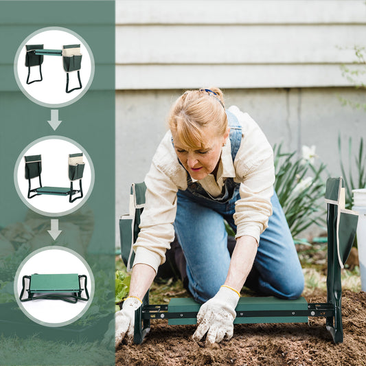 Outdoor 2-in-1 Garden Stool and Kneeler;  Garden Bench with Tool Bags;  Kneeling Pad;  Gift for Parent;  Portable;  Green