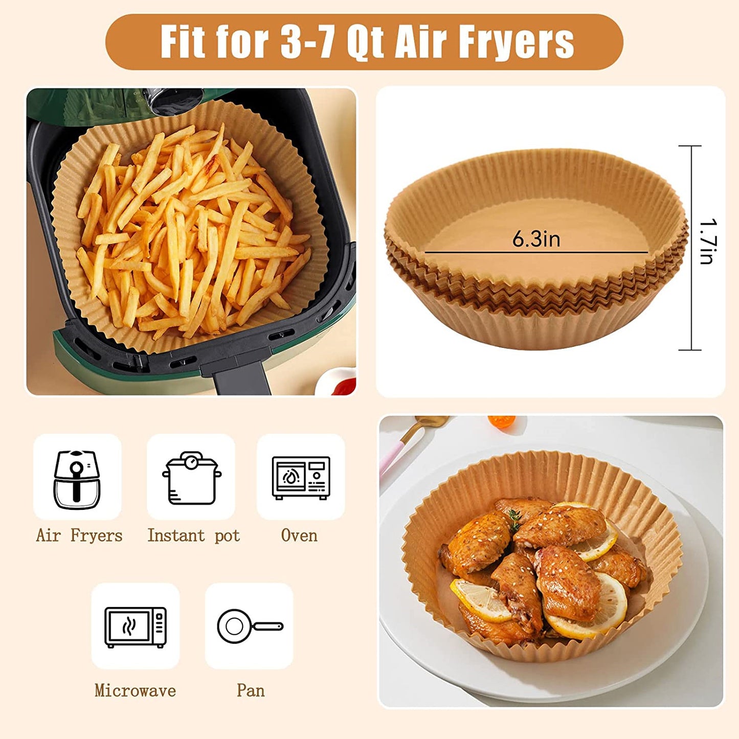 Air Fryer Disposable Paper 100 Pcs Round Non-Stick Paper Prime Oil-proof Parchment Paper Cooking Paper for Fryers Basket Frying Pan Microwave Oven