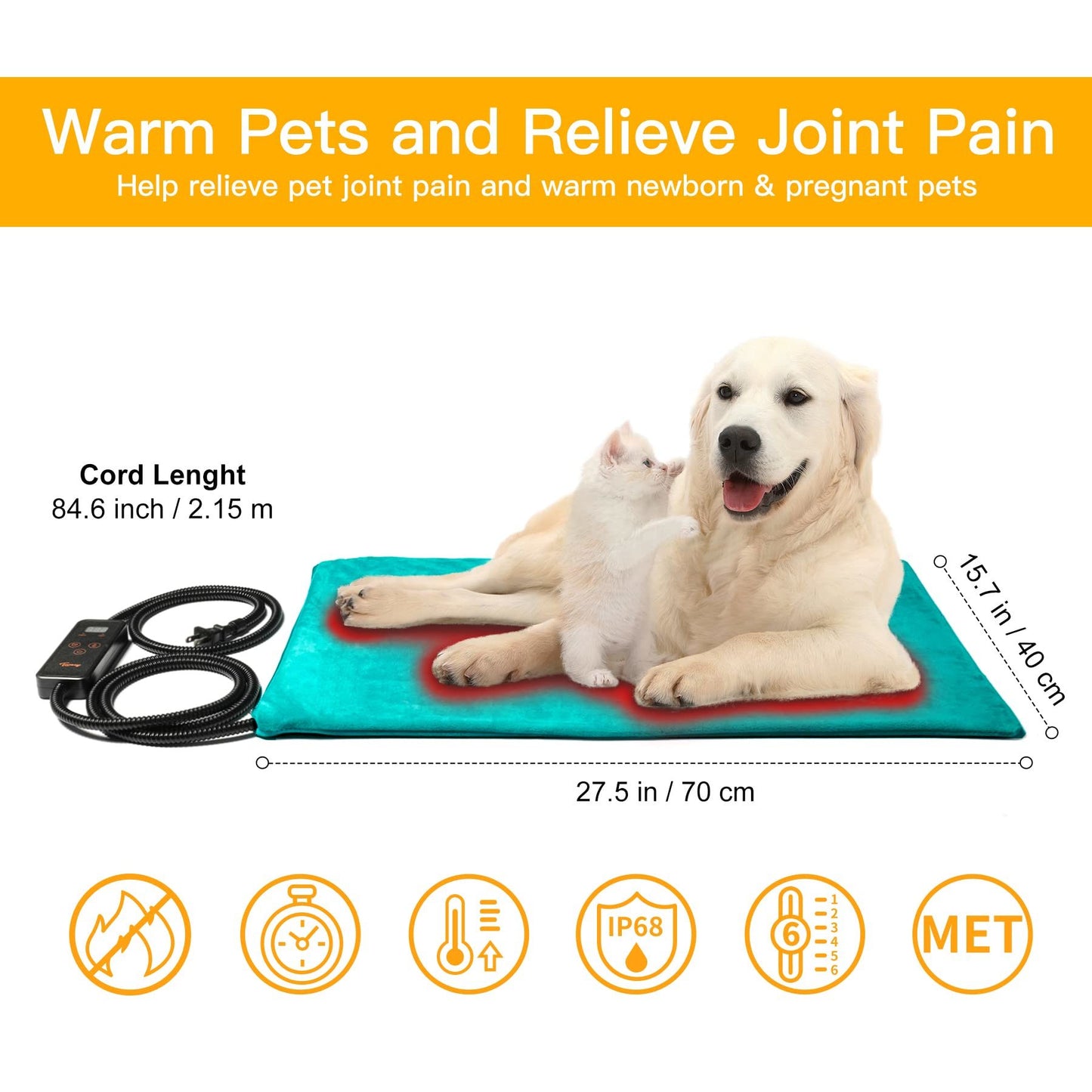 6 Adjustable Temperature Dog Cat Heating Pad with Timer