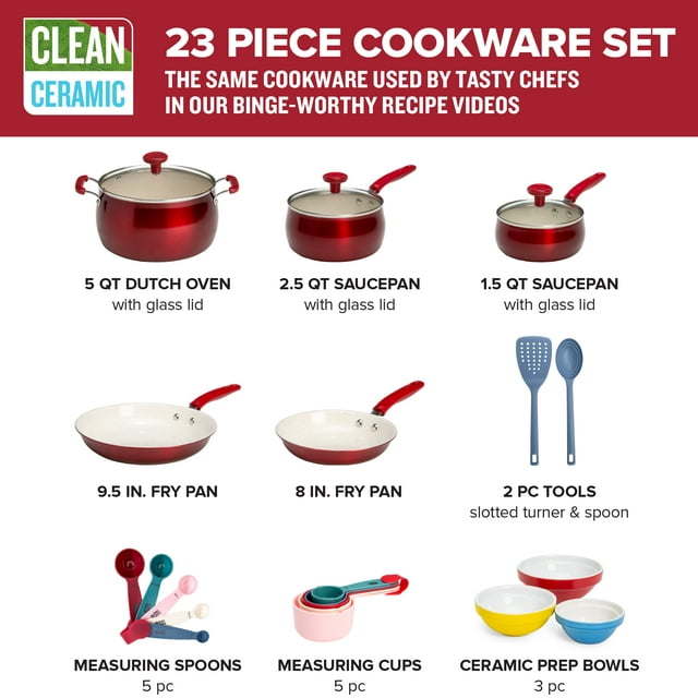 Clean Ceramic 23 Piece Non-Stick Aluminum Cookware Set, Red