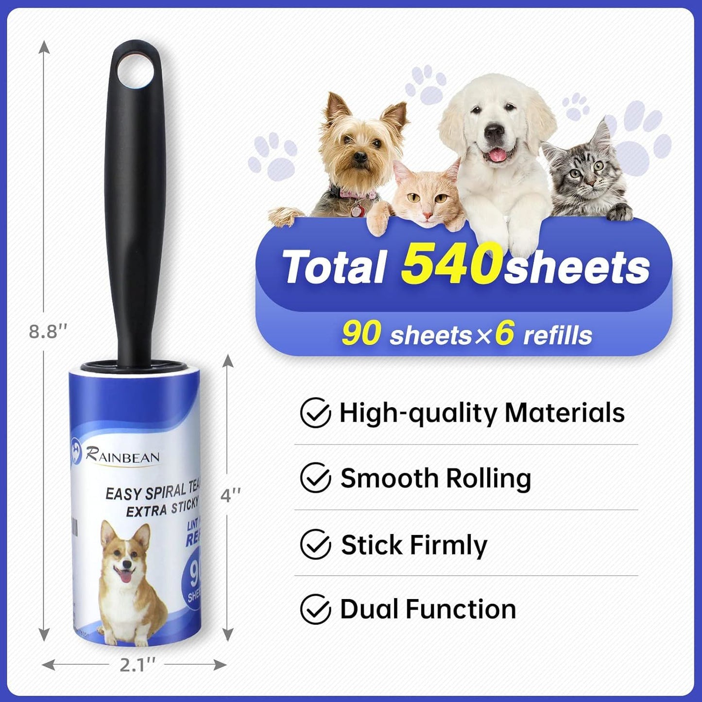 RAINBEAN Lint Rollers for Pet Hair Extra Sticky 540 Sheets 6 Refills Lint Roller with 2 Upgrade Handles, Portable Lint Remover Brush Pet Hair Remover for Dog & Cat Hair Removal, Clothes, Furniture