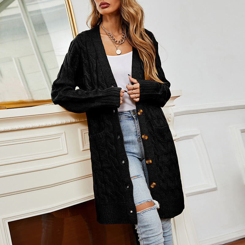 Women girl 2022 New Knit Cardigan Sweater Pocket Twist Rib Long Casual Loose Top  Solid Color Button up Spring Autumn Winter coat High Quality