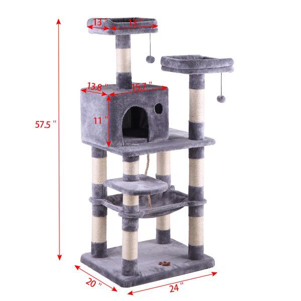 Multi-Level Cat Condo with Hammock & Scratching Posts for Kittens Tall Cat Climbing Stand with Plush Toys - light gray XH