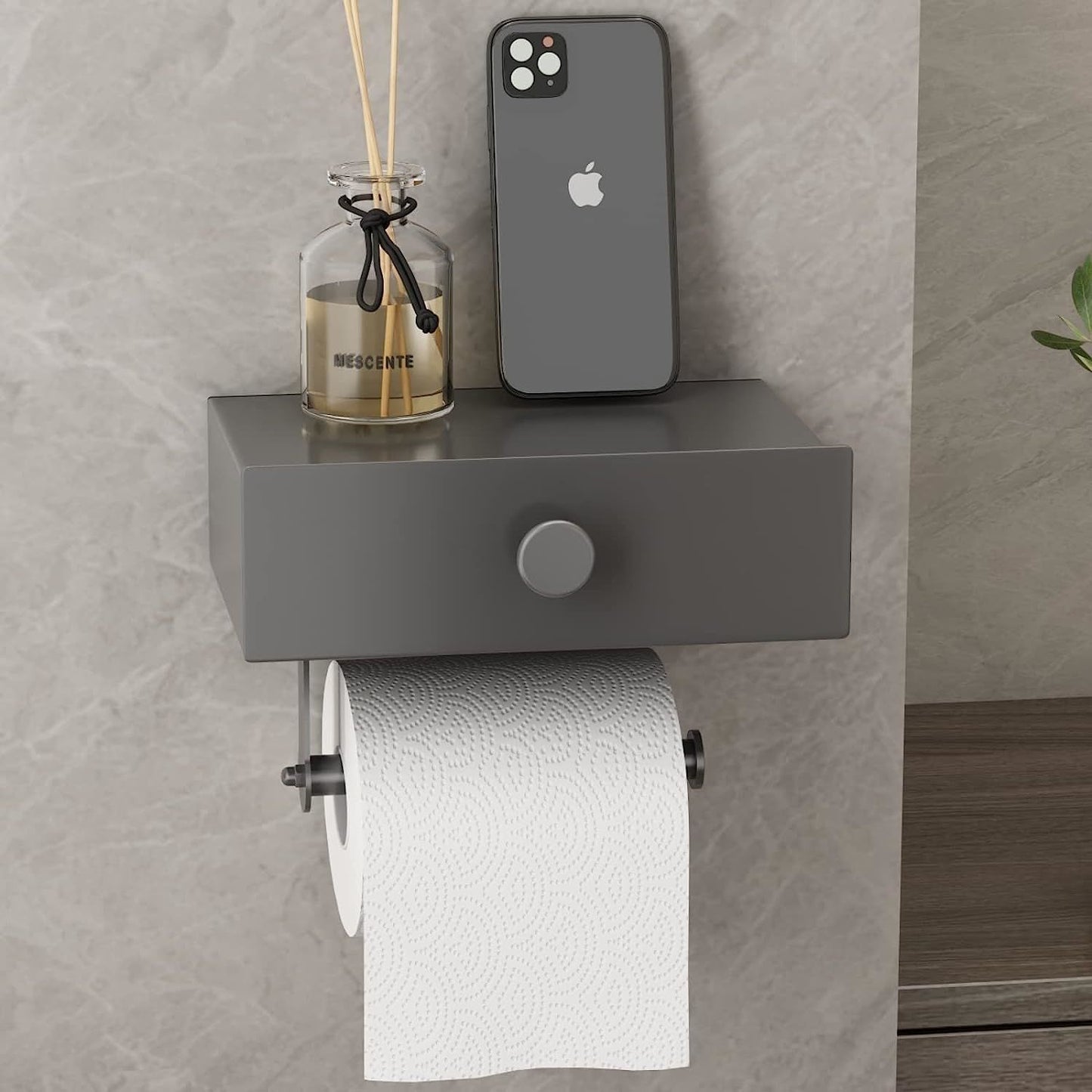 Toilet Paper Holder with Shelf Black Wipes Dispenser for Bathroom Stainless Steel Toilet Paper Holder with Storage Drawer Adhesive Wall Mount Small Bathroom
