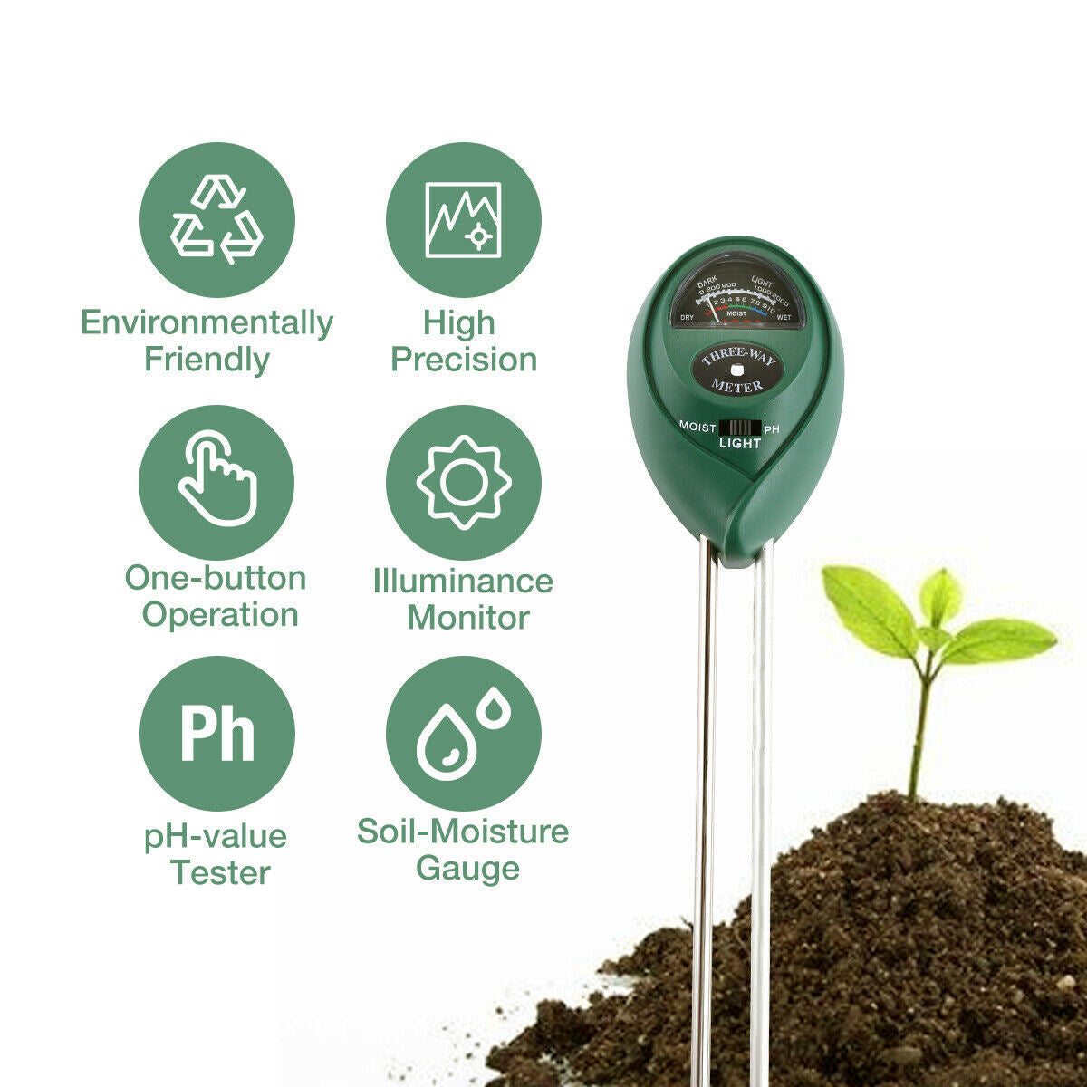 3 In1 Soil Tester Water PH Moisture Light Test Meter Kit For Garden Plant Flower