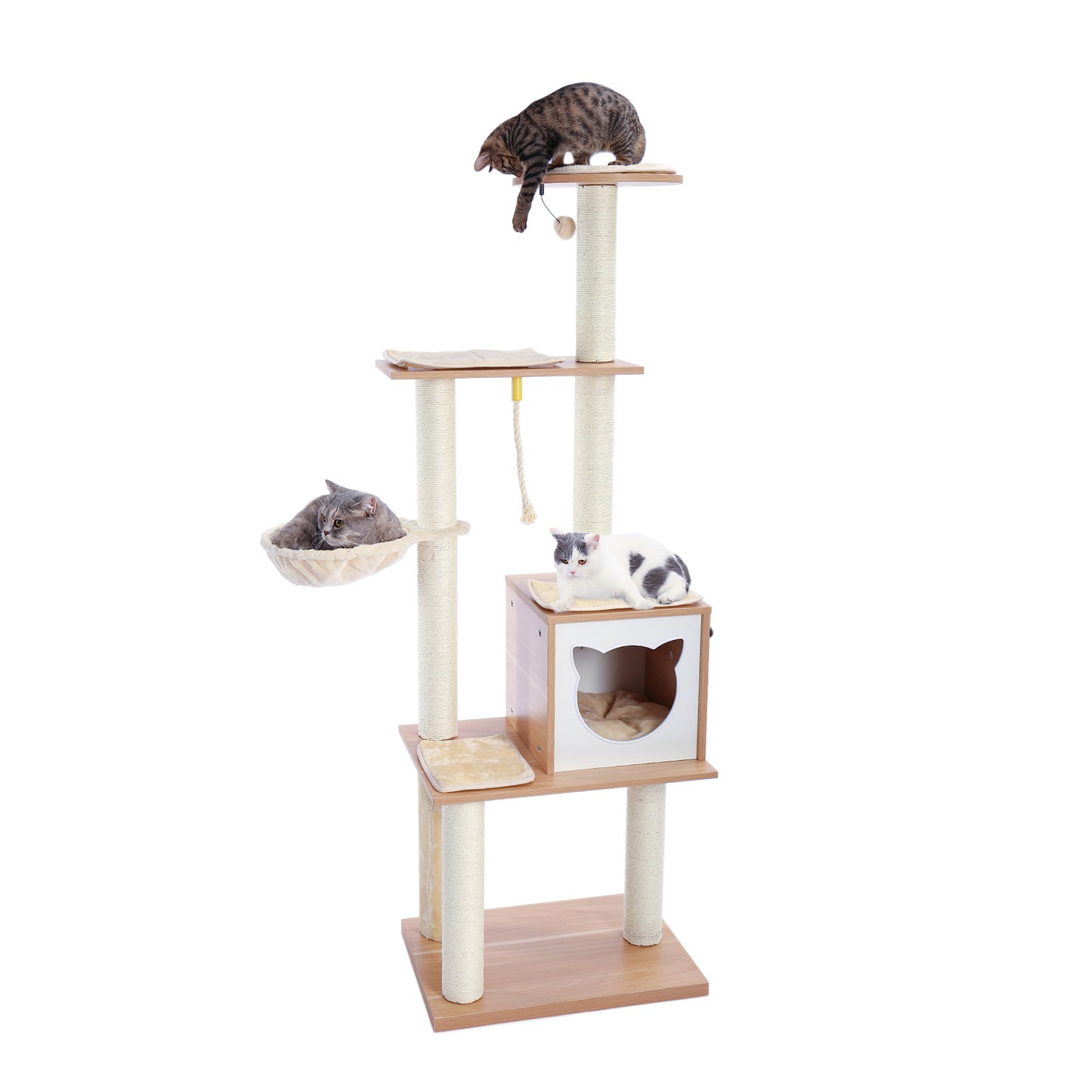 Modern Wooden Cat Tree Multi-Level Cat Tower With Fully Sisal Covering Scratching Posts, Deluxe Condos And Large Space Capsule Nest