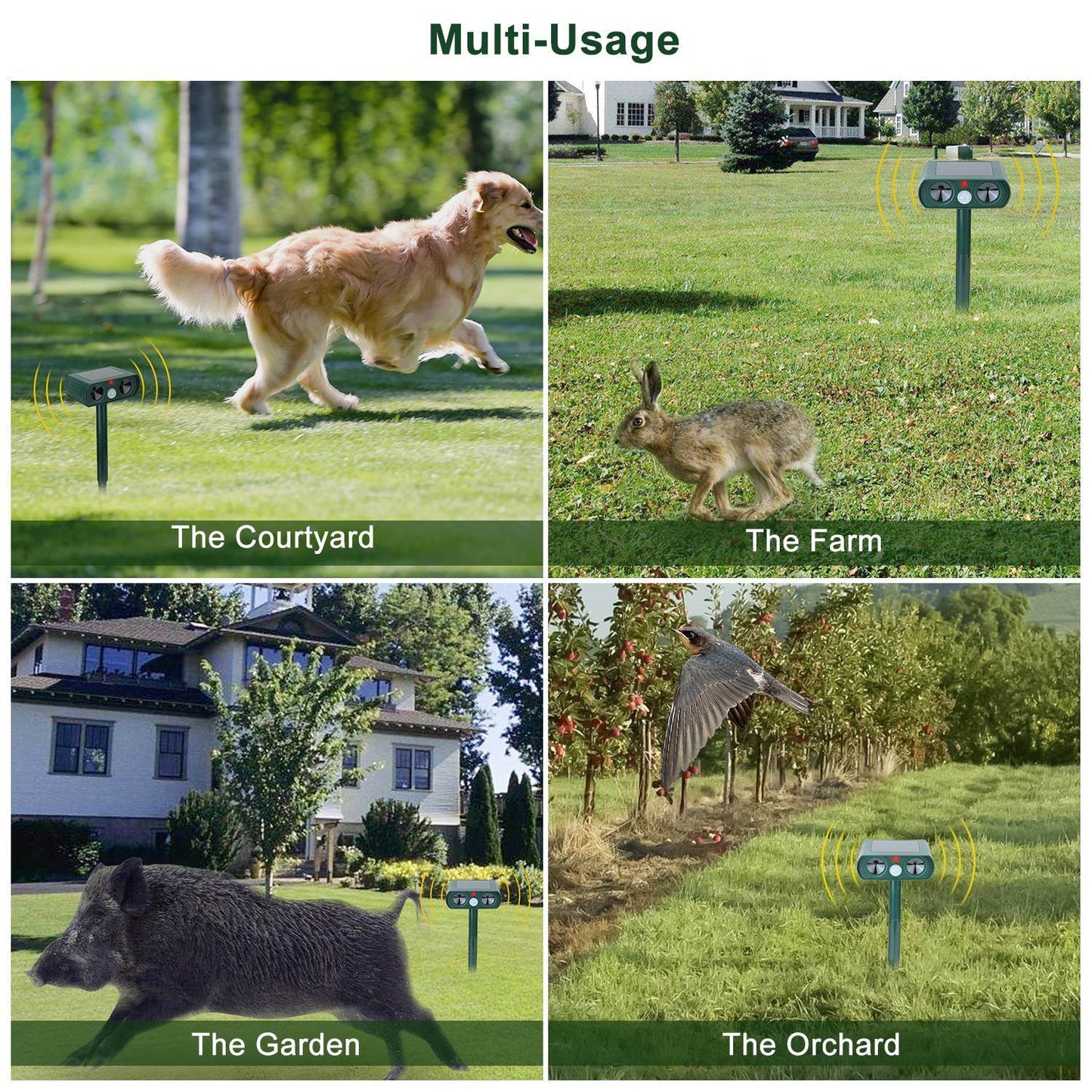 Ultrasonic Animal Repeller Solar Powered Motion Sensor Repellent IPX4 Waterproof Outdoor For Farm Garden Yard Repelling Deer Raccoon Cat Dog Rabbit Squirrel Bird