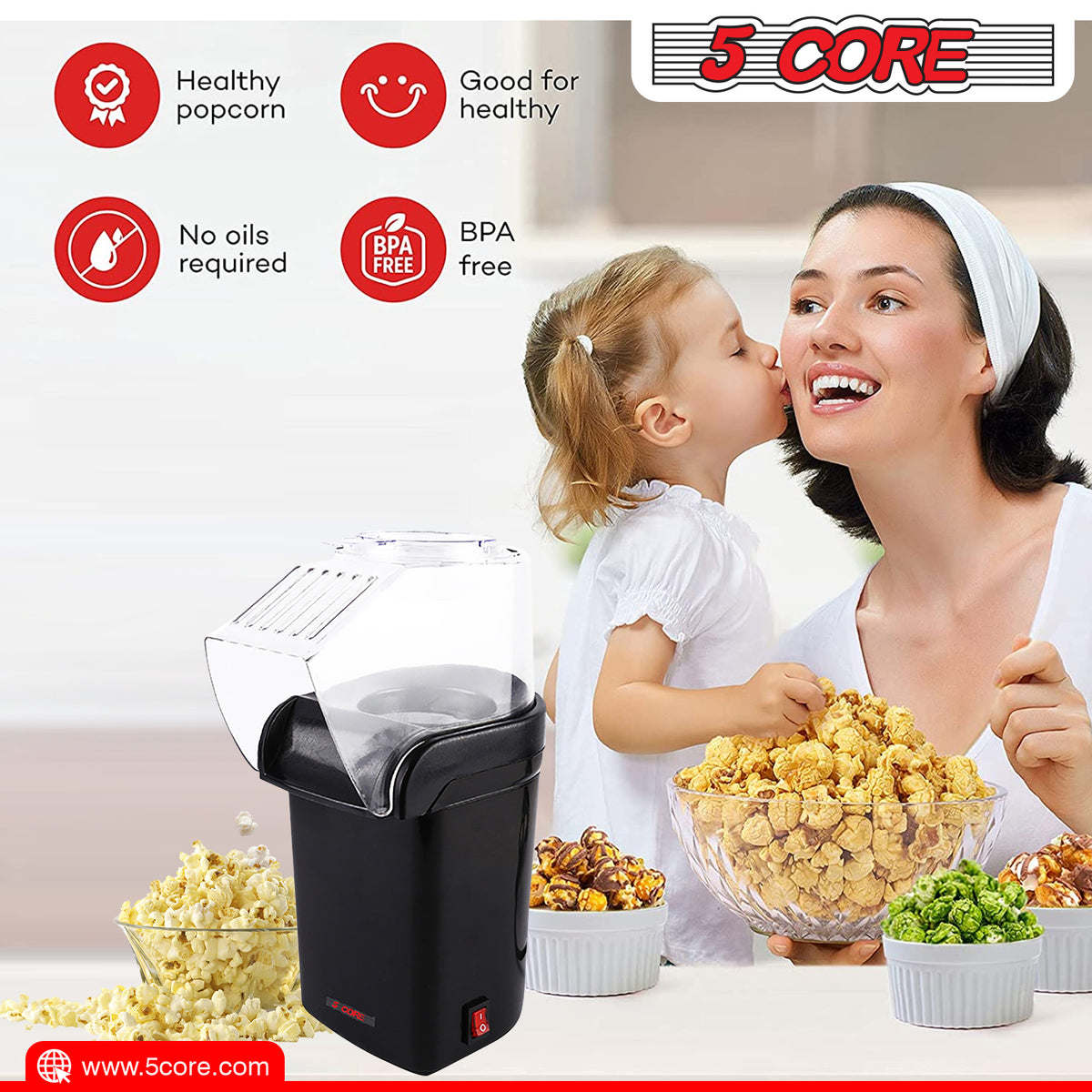 5 Core Hot Air Popcorn Popper Machine 1200W Electric Popcorn Kernel Corn Maker Bpa Free, 95% Popping Rate, 2 Minutes Fast, No Oil-Healthy Snack for Kids Adults, Home, Party, Gift POP