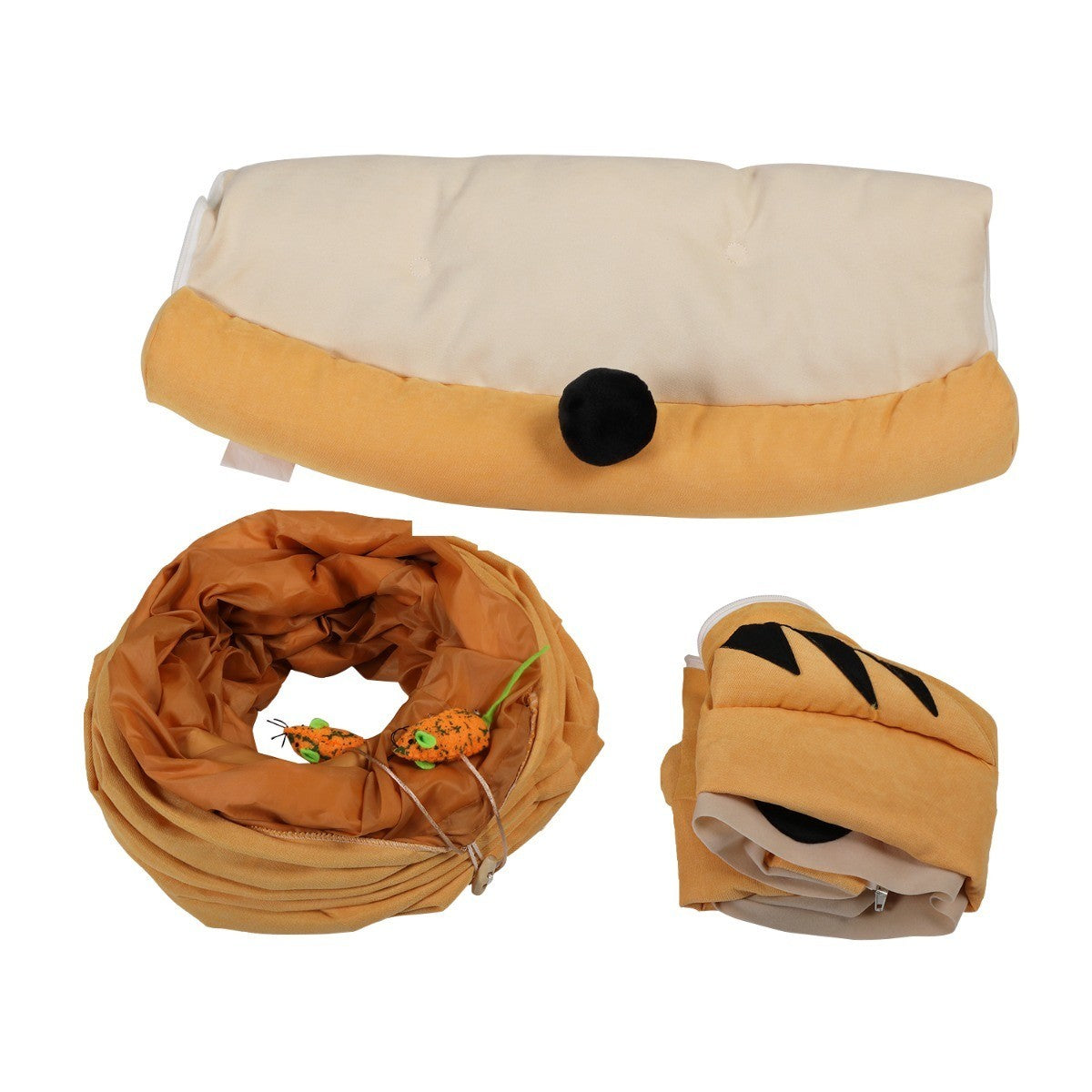 Collapsible Cat Tunnel Bed;  Hide Tunnel for Indoor Cats with Hanging Toys and Cushion Mat;  XH