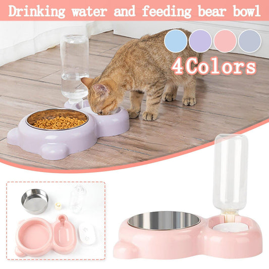 Pet Cat Bowl Stainless Steel Multifunctional Dog Cat Bowl With Water Bottle Drinking Water Feeding Bear Bowl gatos