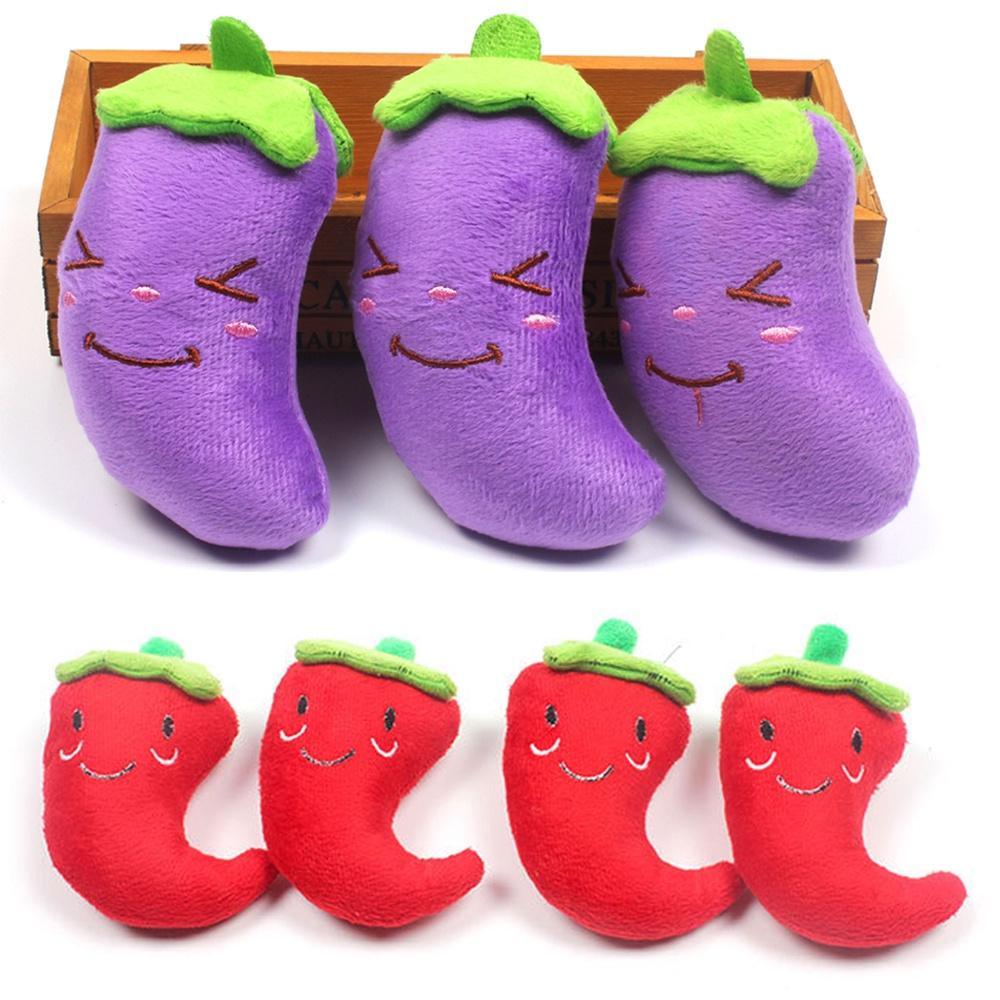 Cute Plush Animal Shape Squeak Sound Pet Cat Dog Toys Funny Durable Chew Molar Toys Fit For All Pets Eggplant Chili Fleece Toy