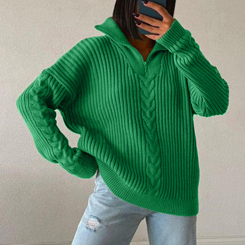 Green Twist Knitted Thick Women Sweater Long Sleeve Polo Collar Zipper Women's Jumper 2021 Autumn Winter Fashion New Sweaters