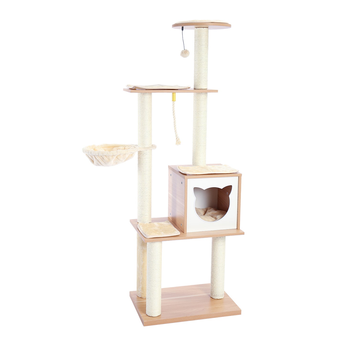 Modern Wooden Cat Tree Multi-Level Cat Tower With Fully Sisal Covering Scratching Posts, Deluxe Condos And Large Space Capsule Nest