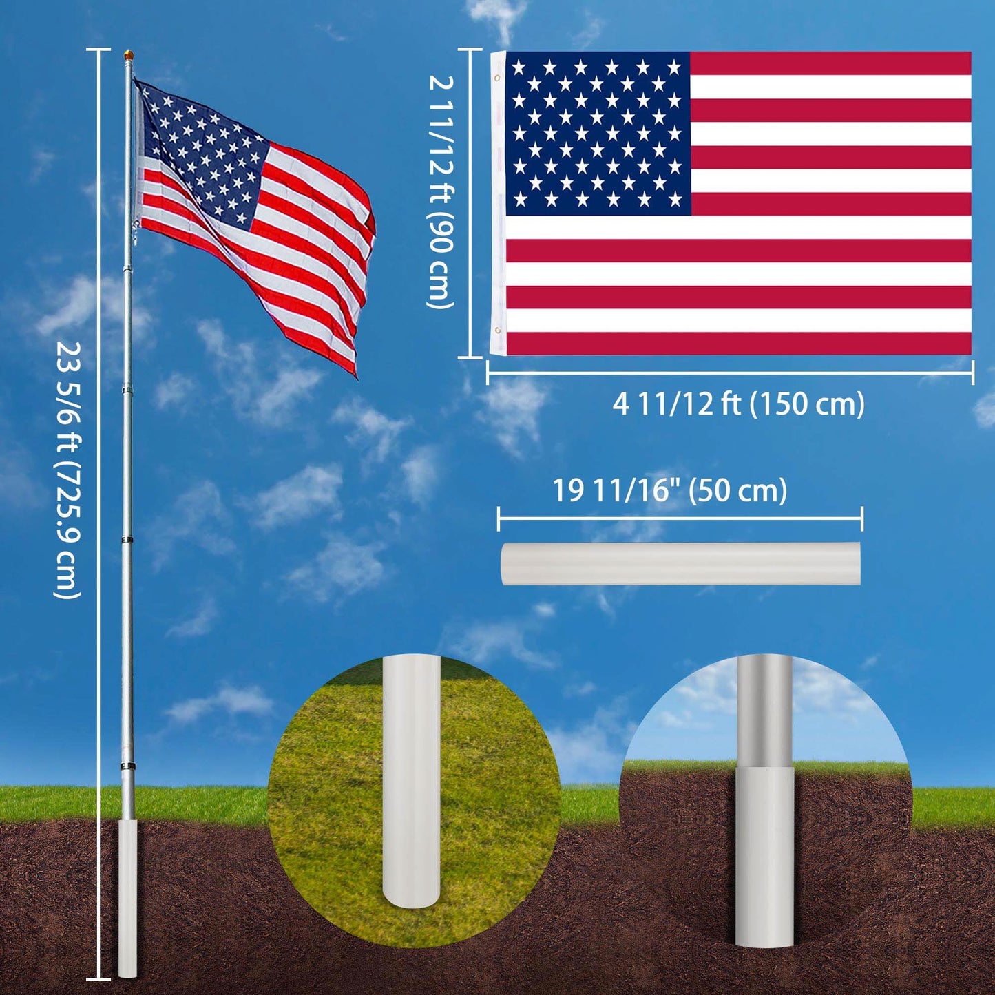 25 ft Al Flag Pole w/ US Flag and Ball