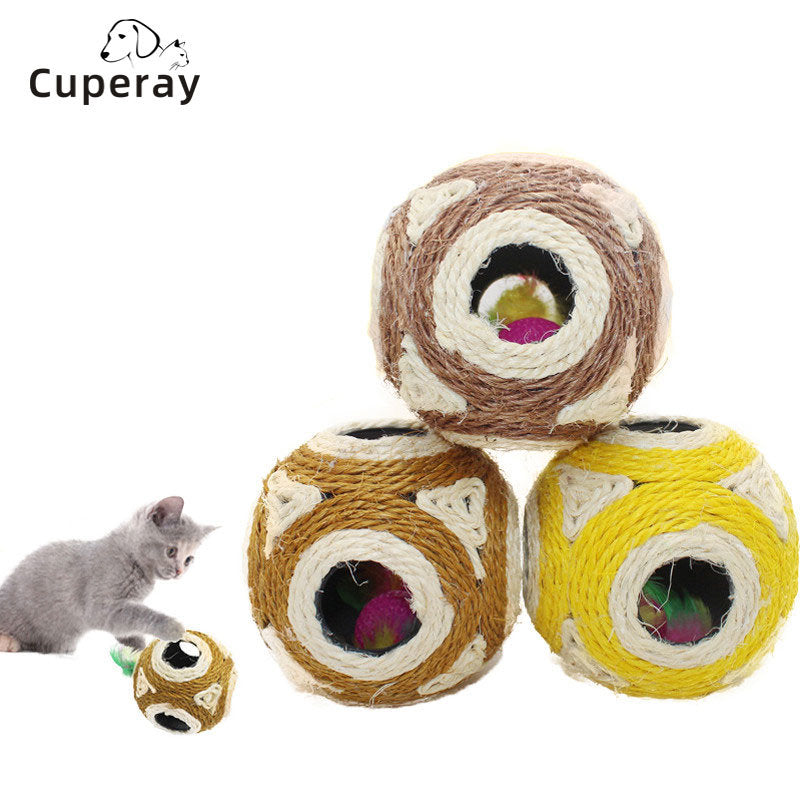 Cat Toy Six-hole Sisal Ball Grinding Claw with Trapped Feather Ball Training Interactive Game Toys for Cat Kitten Pet Products
