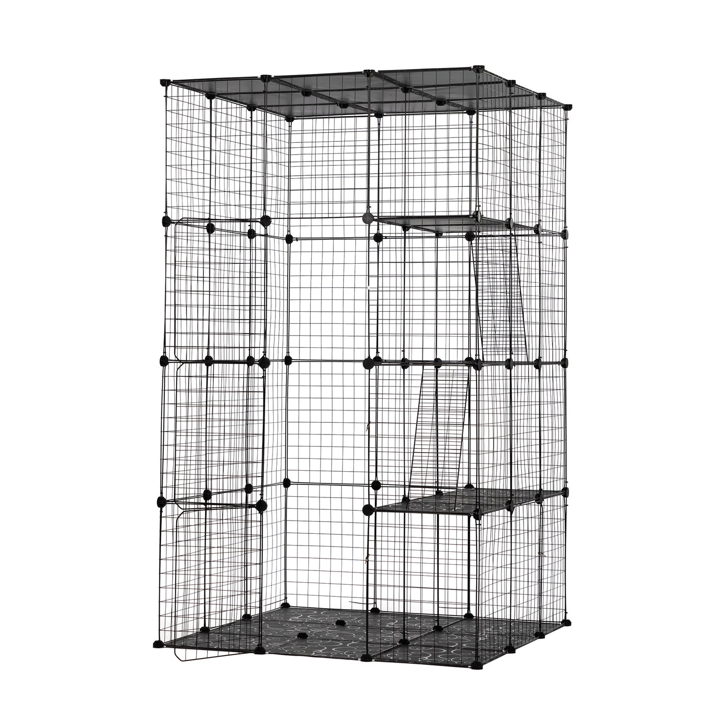 3-Tier Wire Cat Cage, Large Kennels Playpen with 3 Platforms, 3 Ramp Ladders and 4 Doors, 42" x 42" x 72", Black XH