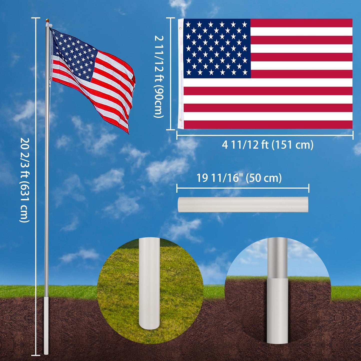 20ft Sectional Al Flag Pole w/US Flag Ball