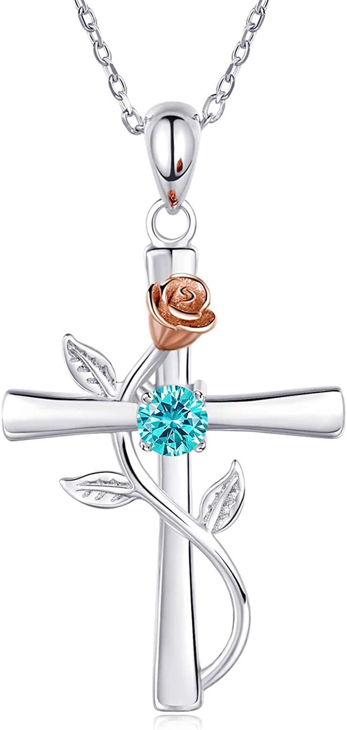 Necklace for Women 925 Sterling Silver Birthstone Necklace Rose Cross Pendant 5A Cubic Zirconia