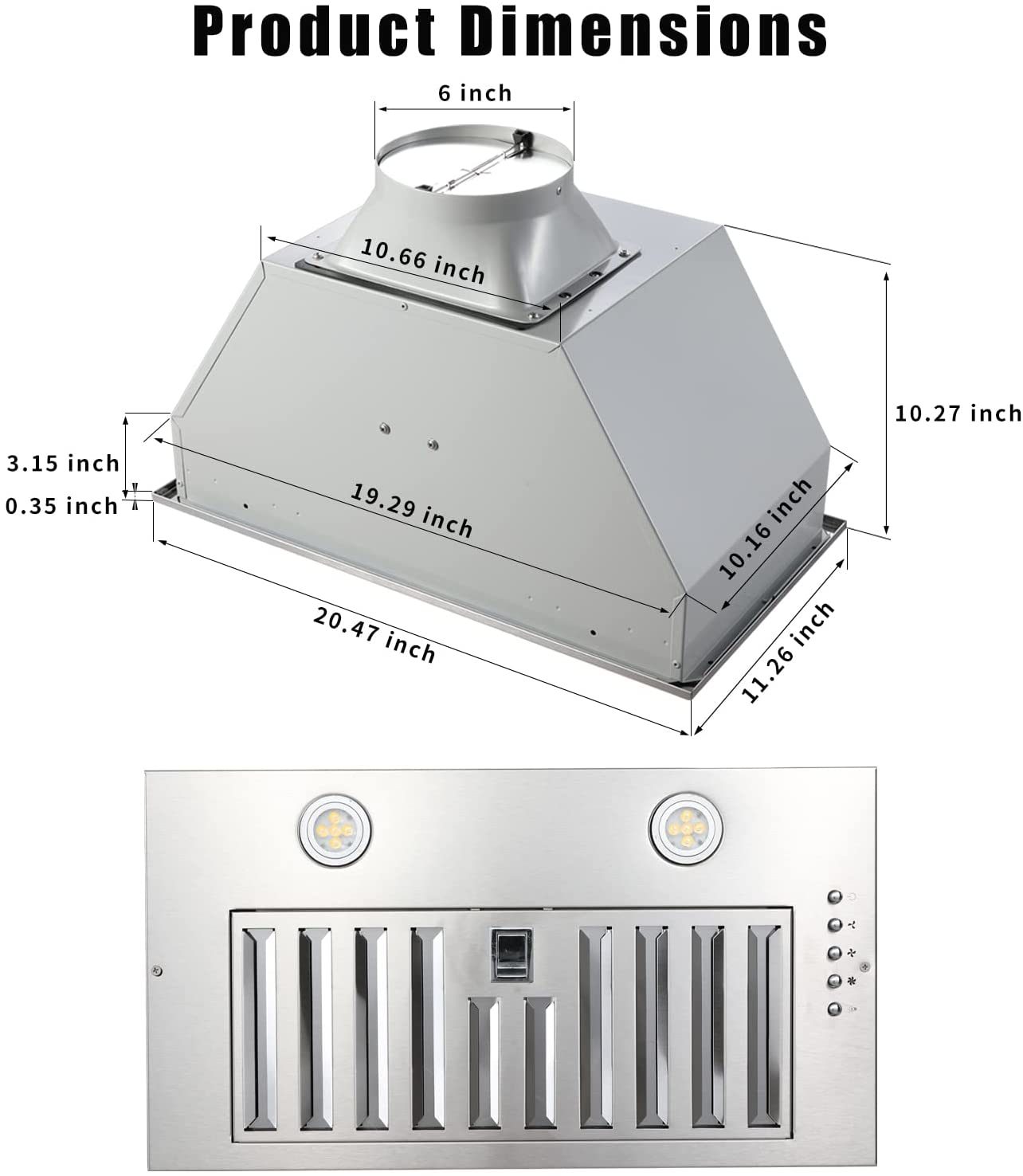 20" Built-In/Insert Range Hood 600CFM Kitchen Vent LEDs Convertible Fan Sliver
