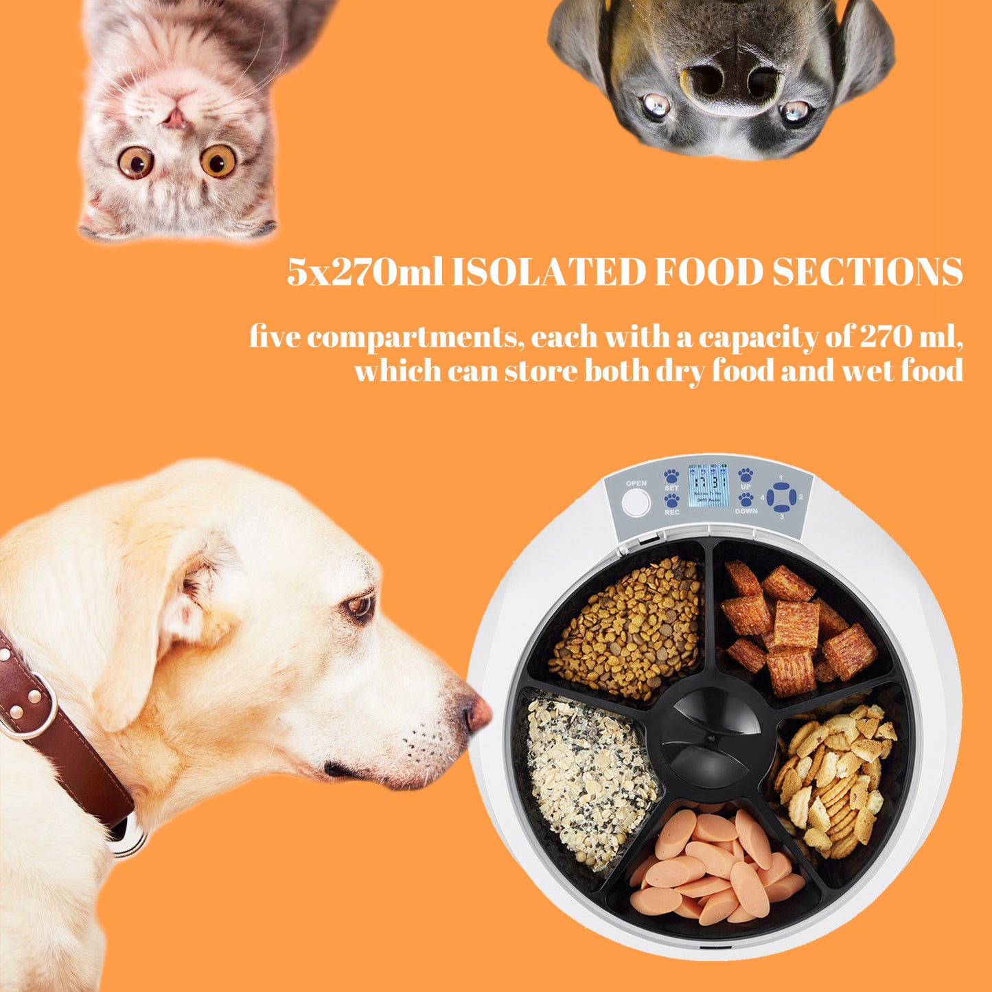 5-Meals Automatic Feeder Auto Pet Feeder 5x270ml Dry and Wet Food Dispenser Cat and Dog Food Dispenser Programmable Timer Portion Control with Voice Recorder Dual Power Supply