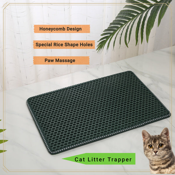 Cat Litter Mat; Kitty Litter Trapping Mat; Double Layer Mats with MiLi Shape Scratching design; Urine Waterproof; Easy Clean; Scatter Control 21" x 14" Green