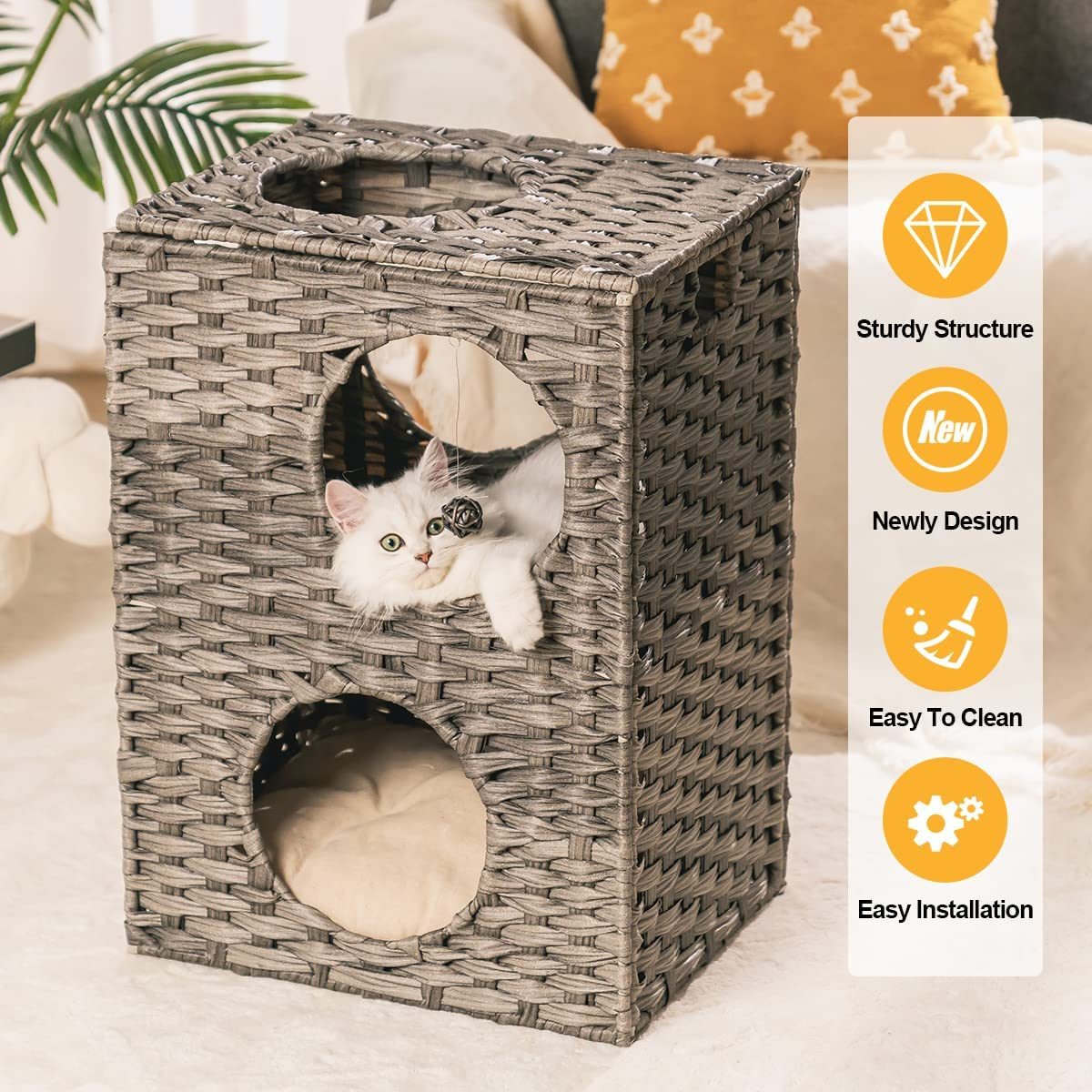 MEWOOFUNCat House Wicker Cat Bed for Indoor Cats Woven Rattan Cat Condos Outdoor