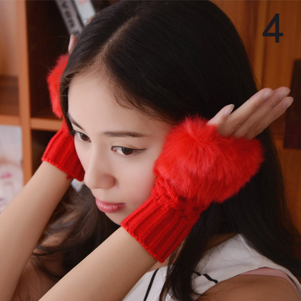 Winter Solid Color Faux Rabbit Fur Gloves Arm Sleeve Cover Warmer Fingerless Wrist Gloves Knitted Mitten Fashion Women Gloves