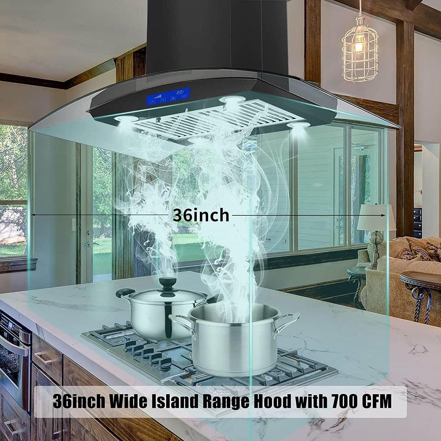 36 inch Stainless Steel Island Mount Range Hood 900CFM Tempered Glass w/LED Lights