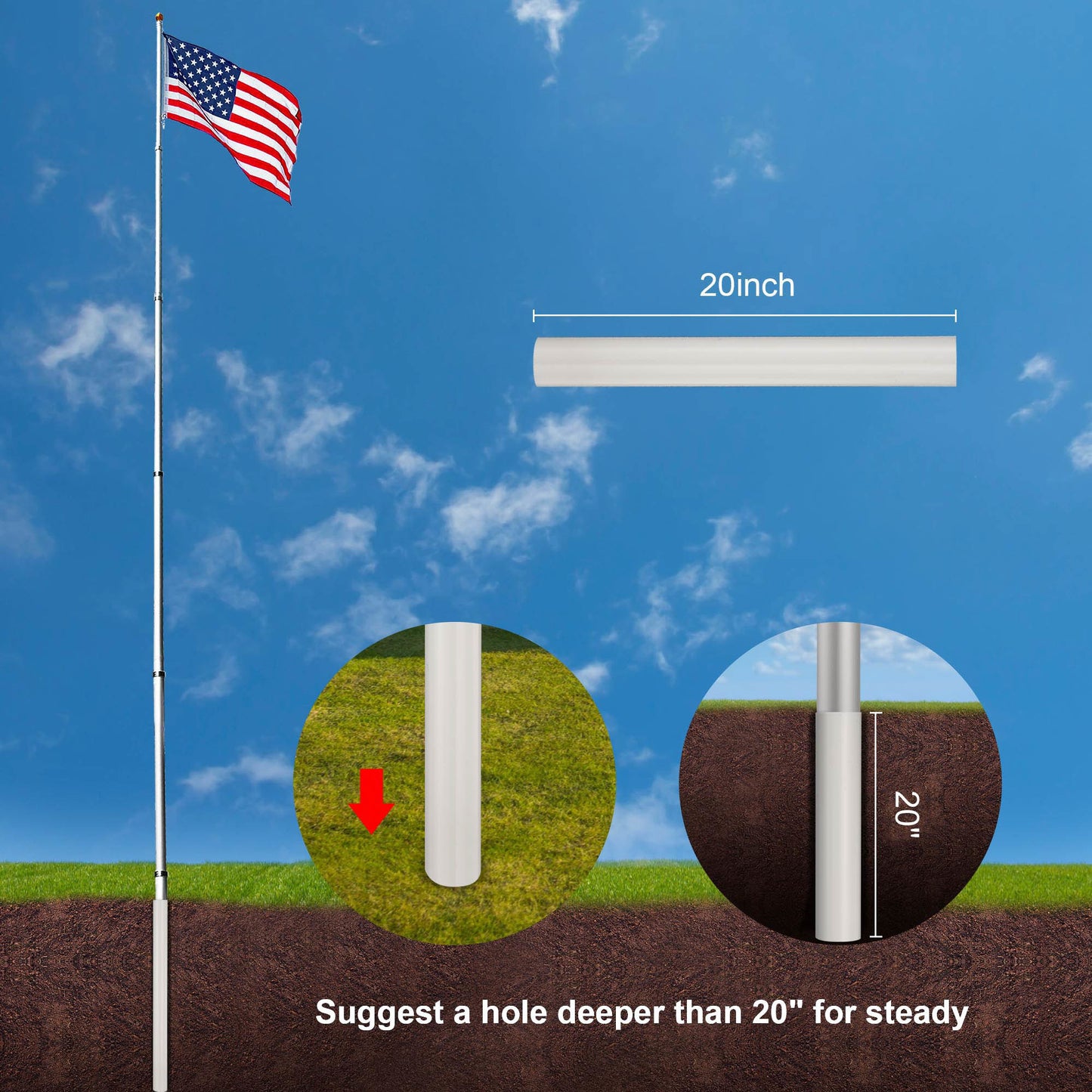 30 ft Al Flag Pole w/ US Flag and Ball