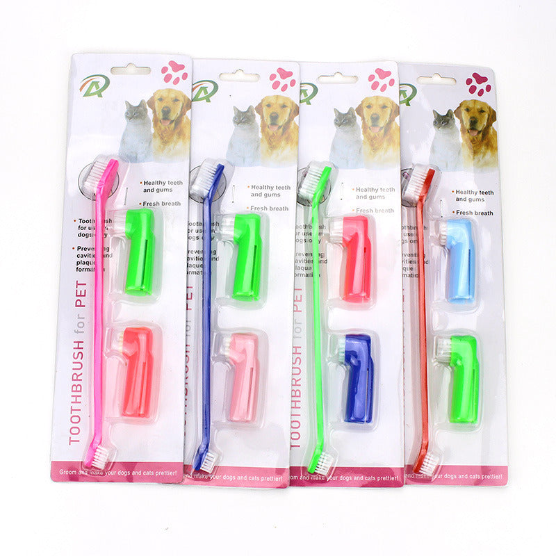 Two Headed Dog Toothbrush Set Canine Dental Hygiene Brush with 2 Finger Brushes Soft Bristles