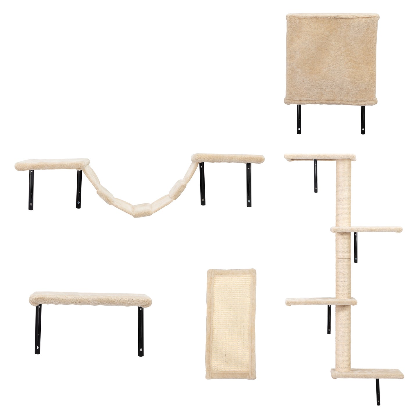 5 Pcs Wall Mounted Cat Climber Set;  Floating Cat Shelves and Perches;  Cat Activity Tree with Scratching Posts;  Modern Cat Furniture