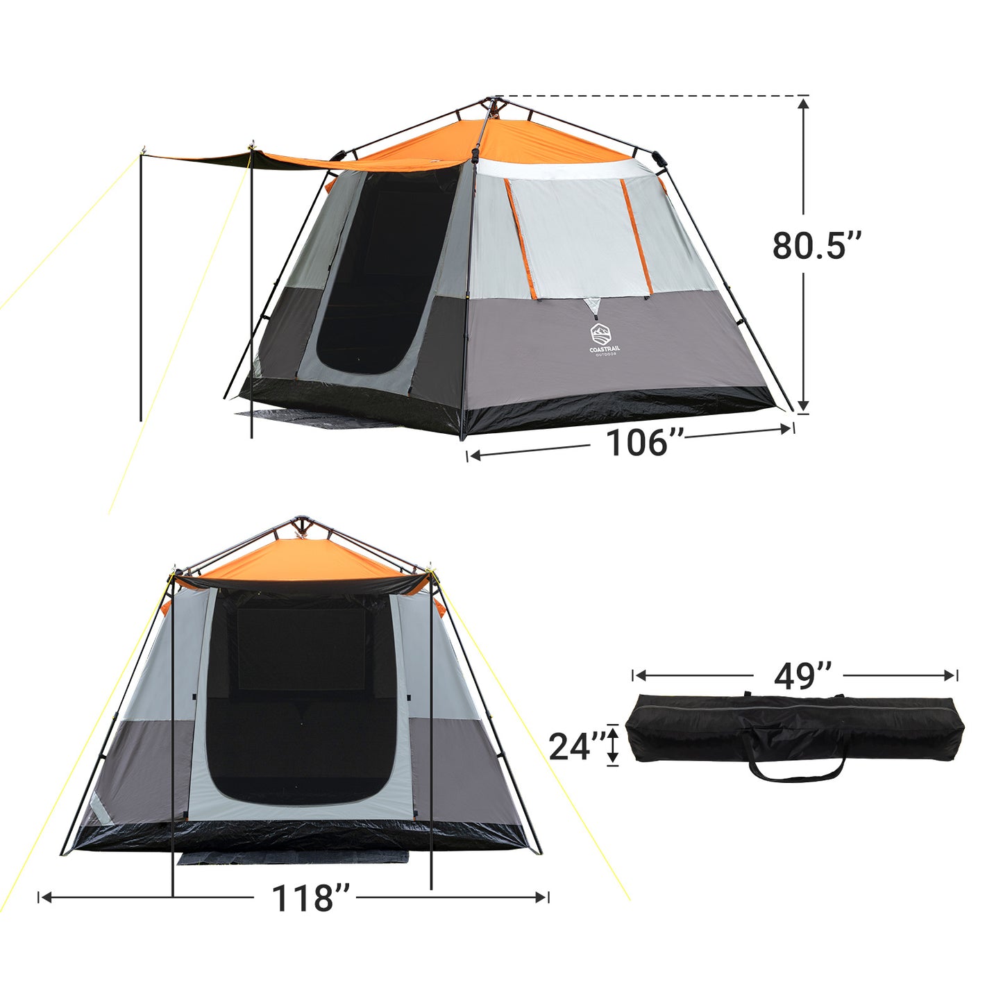 Outdoor 4/6 Person Dark Room Instant Tent;  Easy Setup Family Tent;  Tent for Camping Waterproof with Door Mat and Door Awning;  Orange;  Large