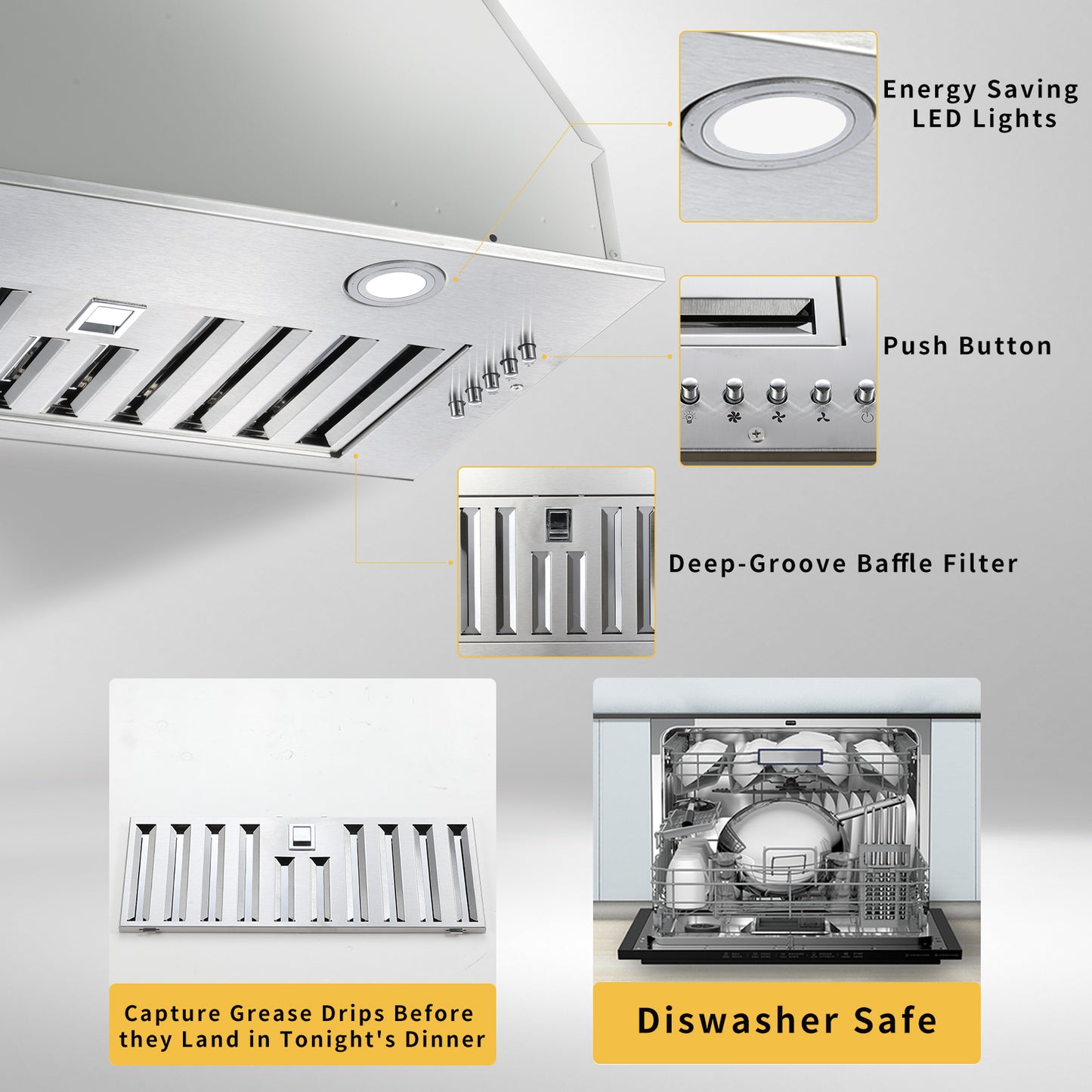 20" Built-In/Insert Range Hood 600CFM Kitchen Vent LEDs Convertible Fan Sliver