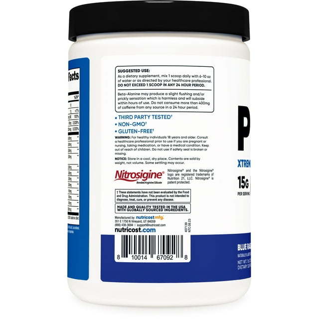 Nutricost Pre-X Xtreme Pre-Workout Complex Powder Blue Raspberry (30 Serv) - Non-GMO Supplement