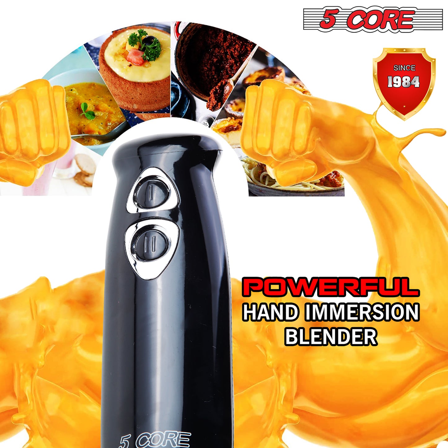 5 Core Handheld Blender, Electric Hand Blender 8-Speed 500W, Immersion Hand Held Blender Stick with Food Grade Stainless Steel Blades for Perfect Smoothies, Puree Baby Food & Soup - HB 1510 BLK/RED