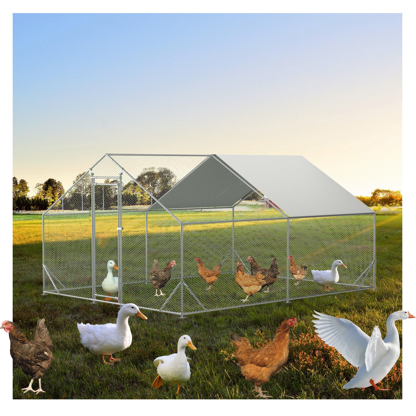 Outdoor Large Metal Chicken Run Coop with 1 piece of Waterproof Cover, Garden Backyard Walk-in Hen Cage Poultry Pet Hutch for Farm Use
