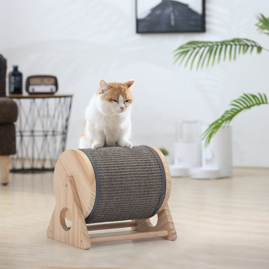 Wooden Cat Scratching Post, 360-Degree Rotating Cat Scratcher Toy with Bells for Indoor Cats and Kittens, Natural