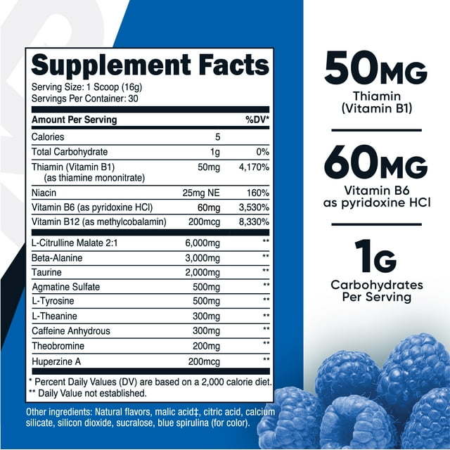 Nutricost Pre-X Xtreme Pre-Workout Complex Powder Blue Raspberry (30 Serv) - Non-GMO Supplement