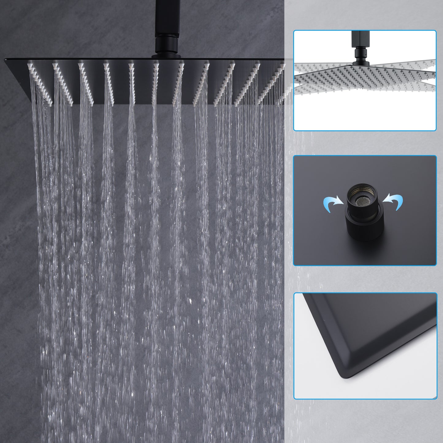 Matte Black 12 inches Rain Shower Faucet Sets with Waterfall Tub Spout and Handheld Shower Head