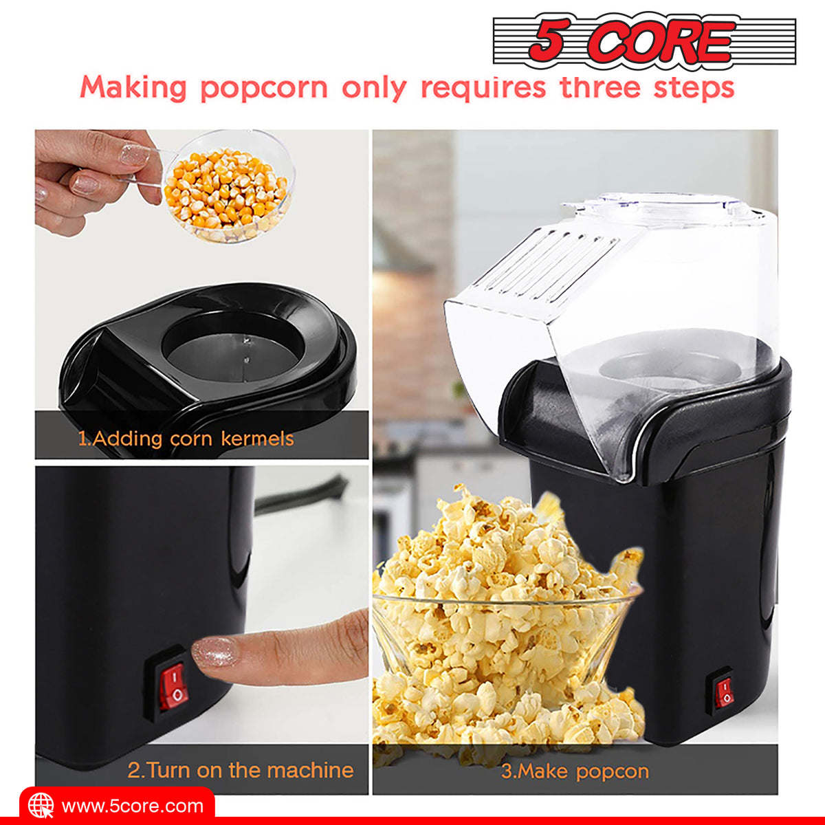 5 Core Hot Air Popcorn Popper Machine 1200W Electric Popcorn Kernel Corn Maker Bpa Free, 95% Popping Rate, 2 Minutes Fast, No Oil-Healthy Snack for Kids Adults, Home, Party, Gift POP