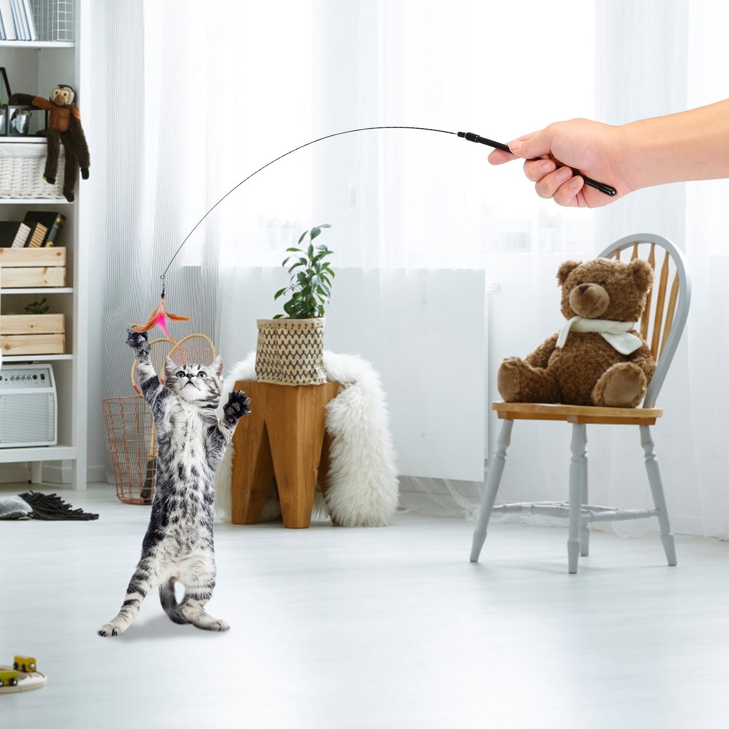 Cat Feather Toys Wand Rod Interactive Cat Spring Bell Play Toys