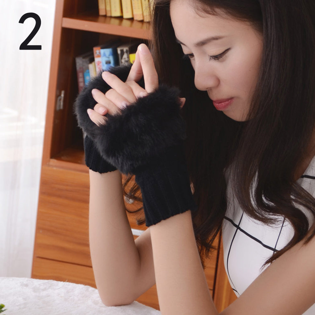 Winter Solid Color Faux Rabbit Fur Gloves Arm Sleeve Cover Warmer Fingerless Wrist Gloves Knitted Mitten Fashion Women Gloves