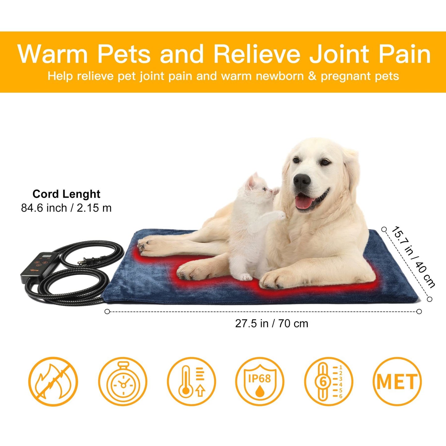 6 Adjustable Temperature Dog Cat Heating Pad with Timer